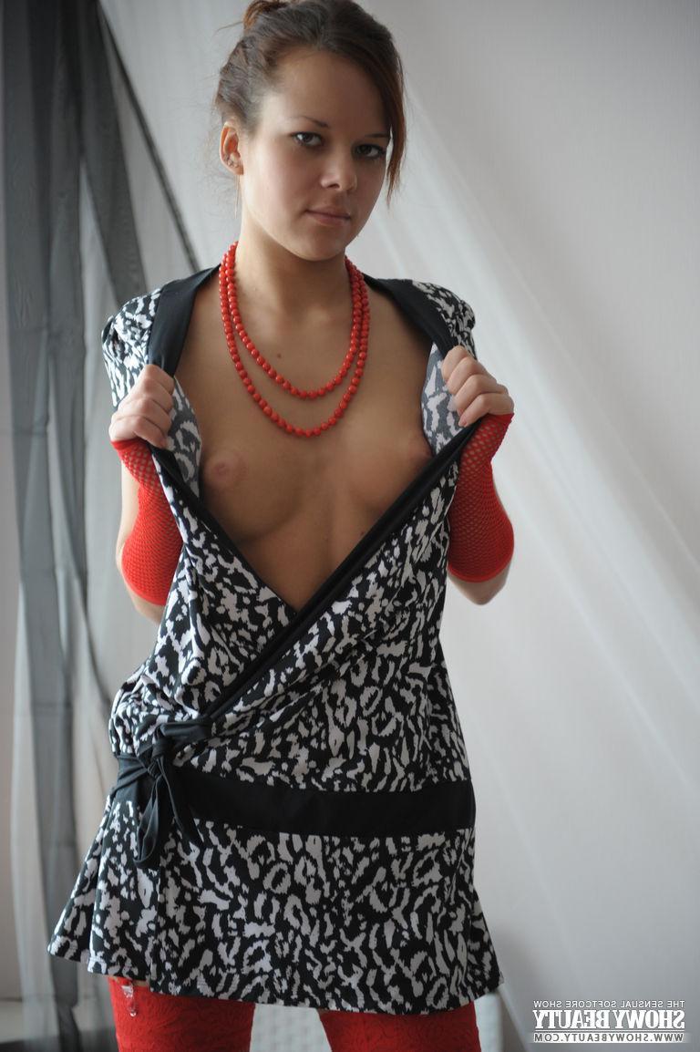 20P Brunette girl Kati poses for you in her red lingerie