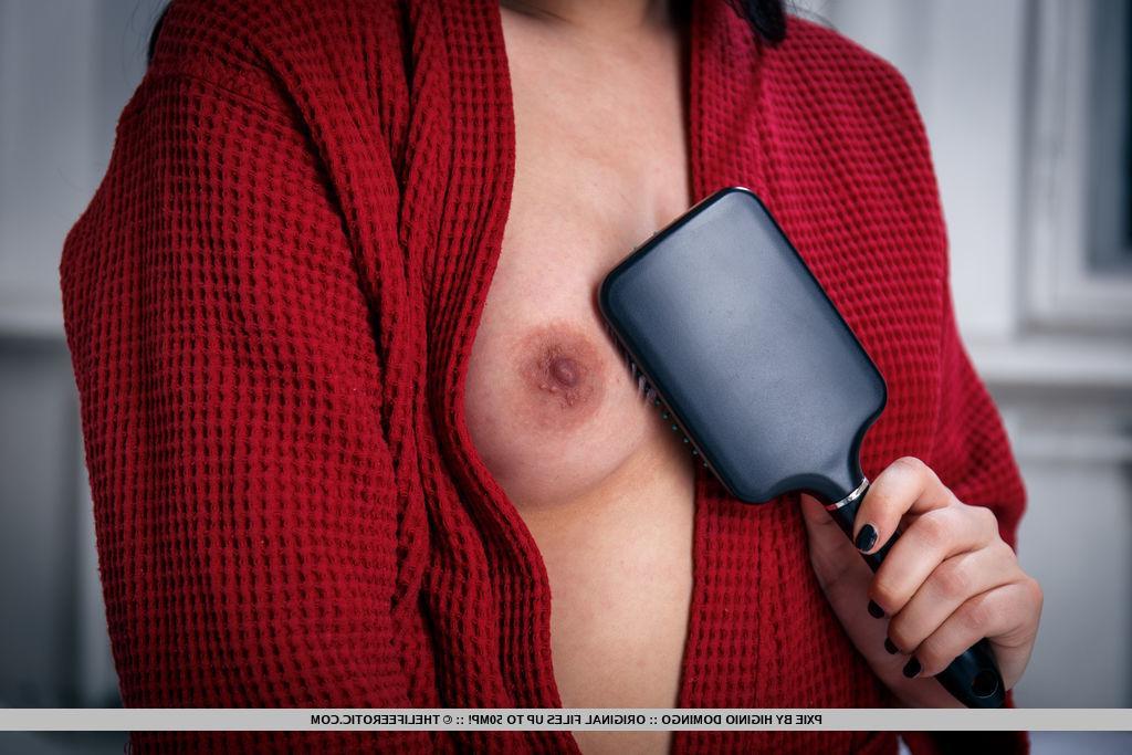 16P Brunette beauty Pxie masturbates with her hair brush in "Spank"