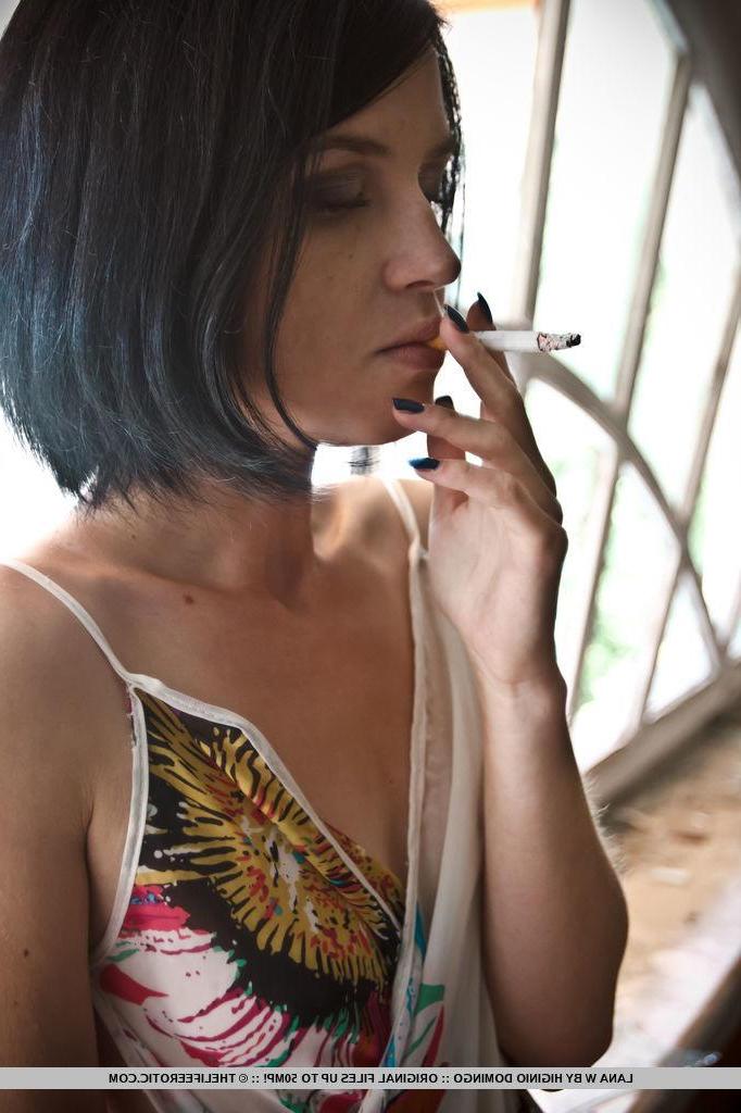 16P Hot model Lana W smokes a cigarette and fondles her tight pussy