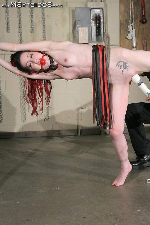 13P Redhead girl in hogtie bondage spanked by male dominant