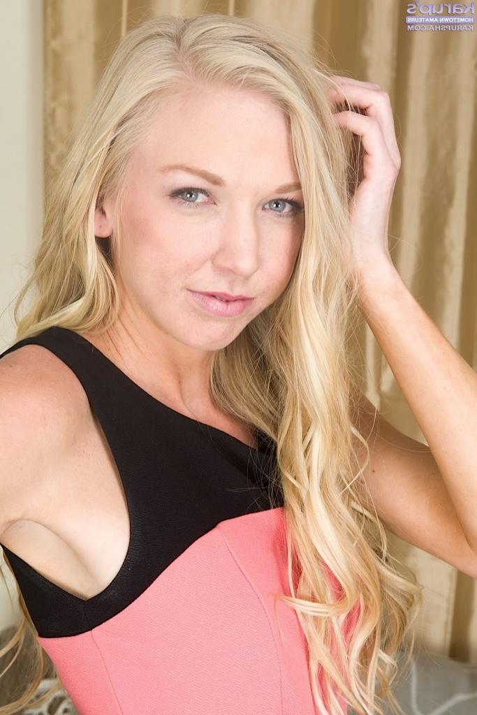 15P Small breasted blonde Kara Stone spreads her pussy