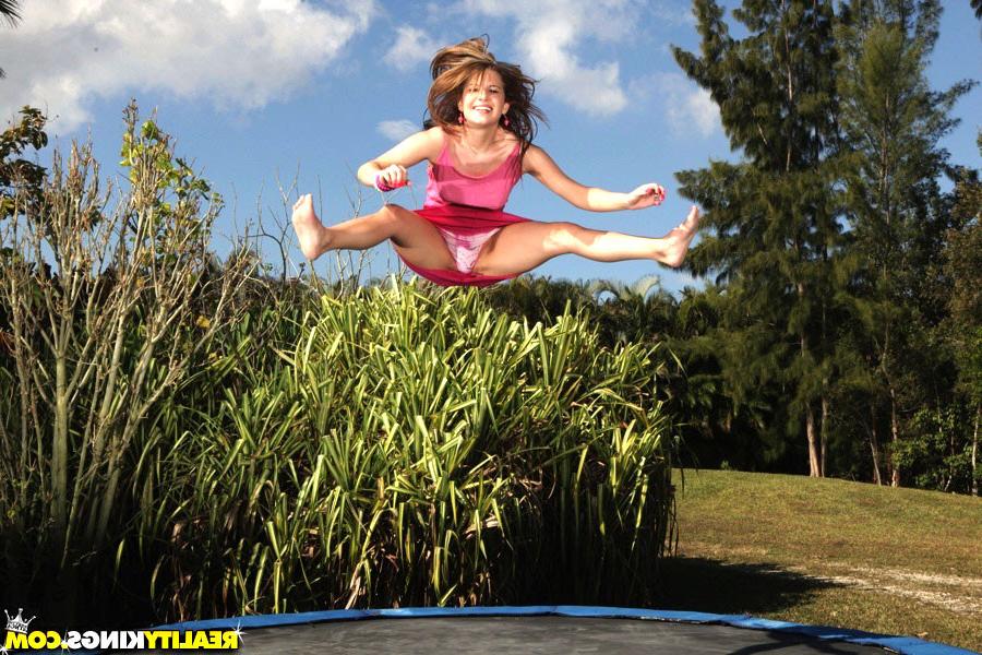 16P Smoking hot ass long leg teenie on a trampoline gets fucked hard in these outdoo