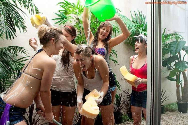 15P Five naked Window Washing Girls
