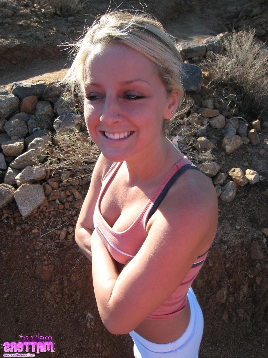 16P Sexy Teen Melissa showing her perky tits, firm ass, and tight pussy while hiking