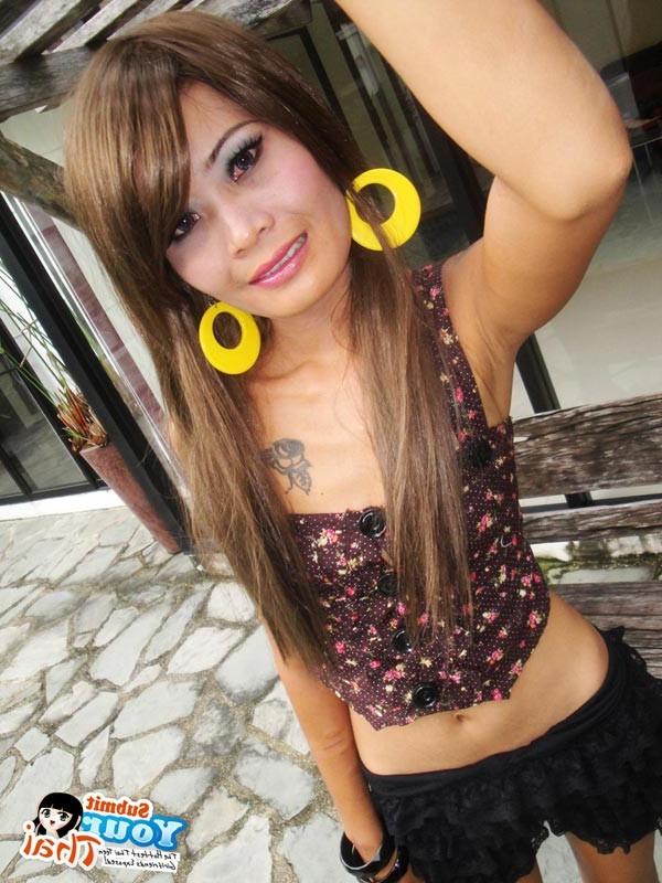 16P Slender long legged slut strips outdoors in the garden