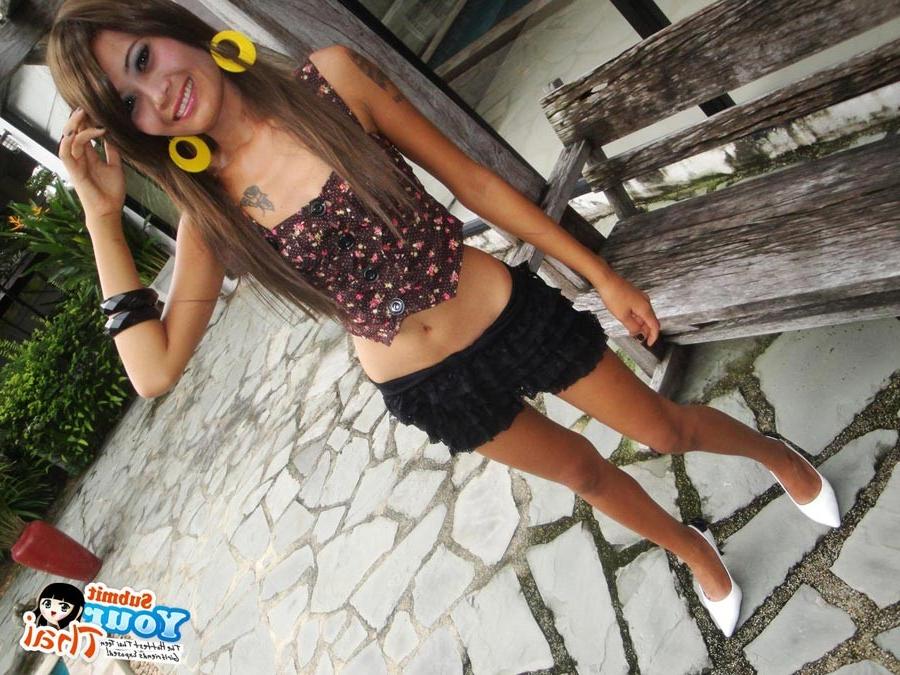 16P Slender long legged slut strips outdoors in the garden