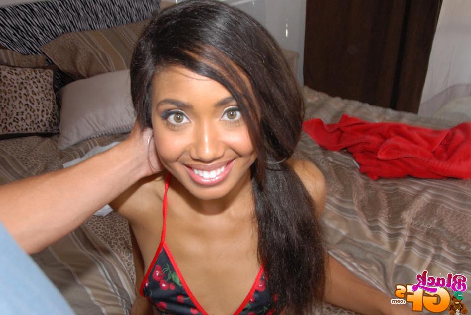 15P Petite amateur ebony GF peels off panties to show hairy pussy