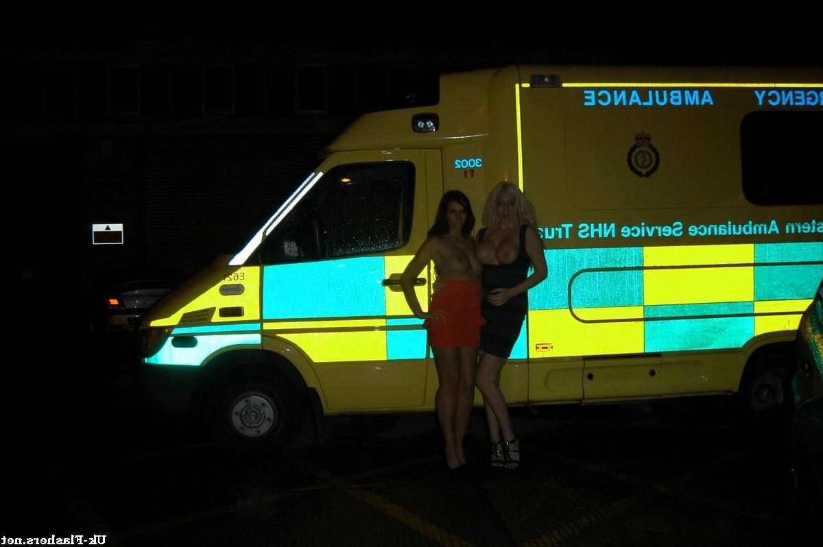 16P Busty flashers Gemma Maddock and Dolly Delight in UK. Two babes big tits flashin