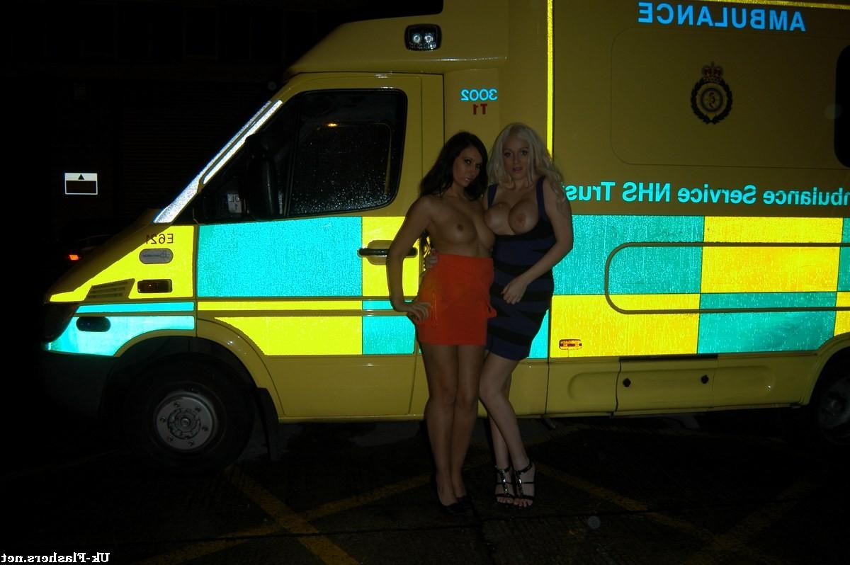 16P Busty flashers Gemma Maddock and Dolly Delight in UK. Two babes big tits flashin
