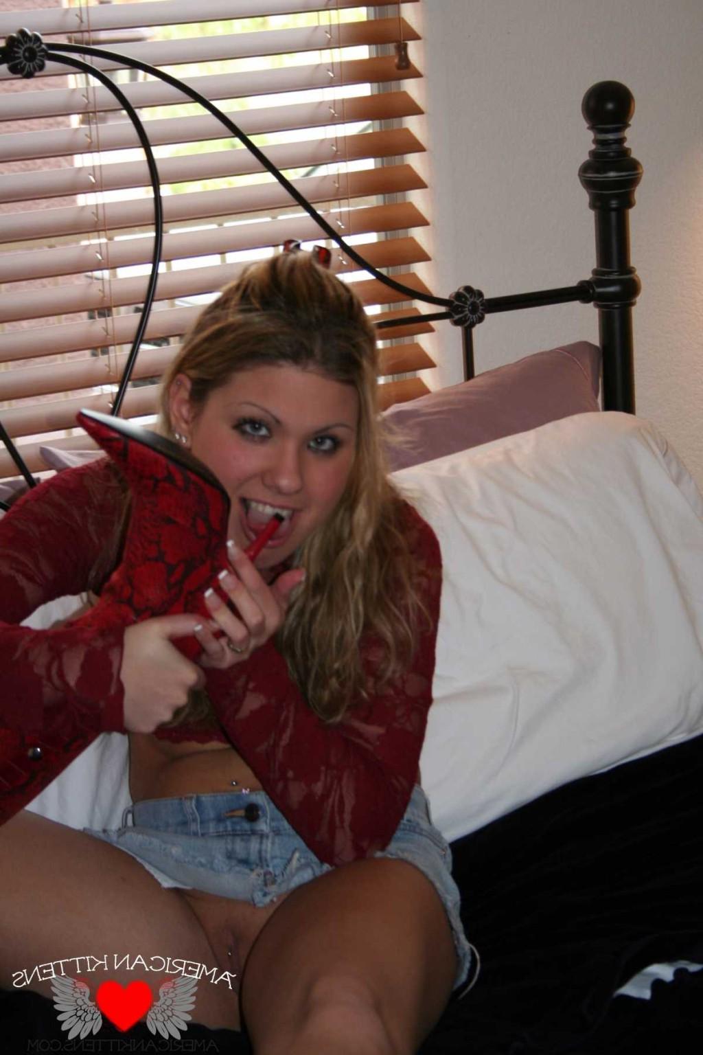 18P Aubrey mini skirt no panties on the bed being a little tease. I'd stuff her like