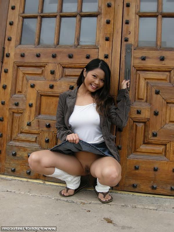 16P Cute big tit Asian American flasher in short skirt