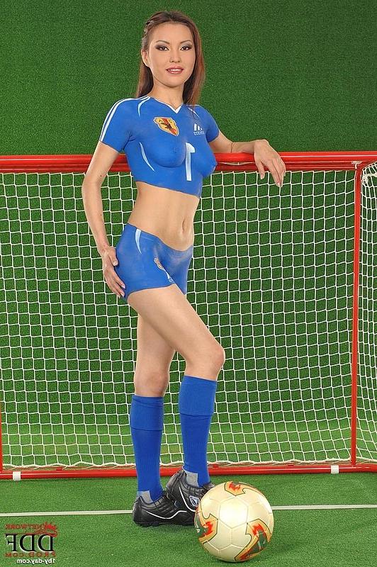 16P Agnes brunette asian babe and soccer fan posing with ball