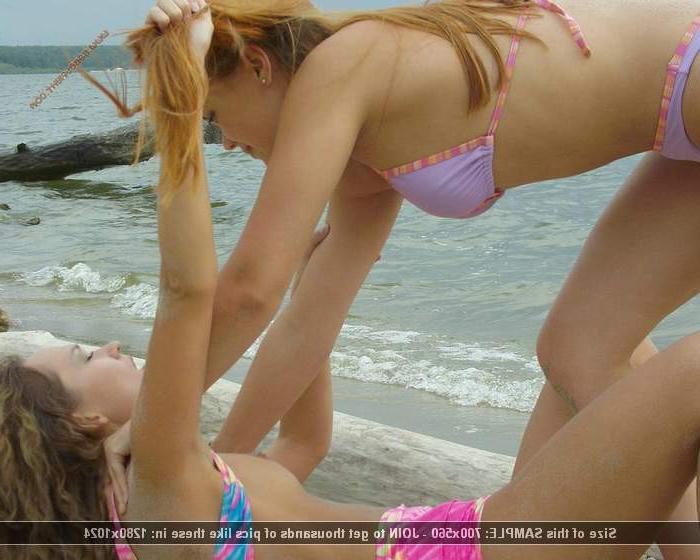 12P Bikini teens fight rough on beach