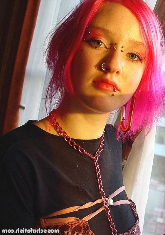 16P Crazy pink haired hottie Masscha exposing her hot pierced nipples