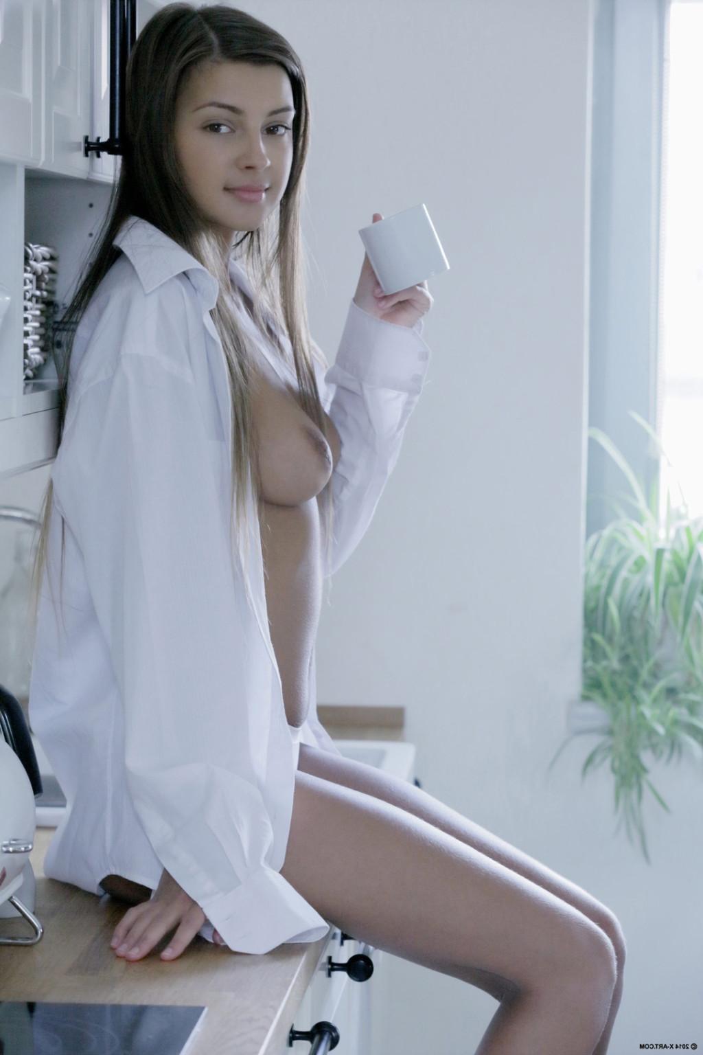 15P Gorgeous brunette babe Elena stripteasing in the kitchen