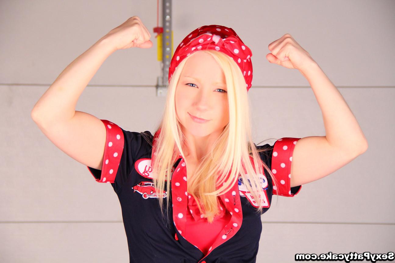 16P Pretty petite blonde takes off her sexy red clothes