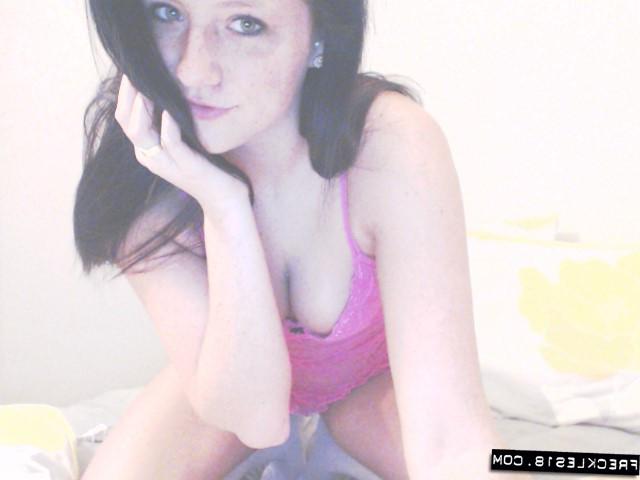 12P Sexy brunette teenager Freckles peels off her lingerie