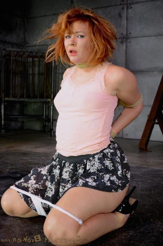 16P Claire Robbins sexy redhead is bound in rope and made to suck cock