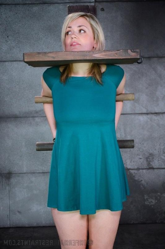 16P Winnie Rider blonde in dress is stripped and bound getting her pussy wet