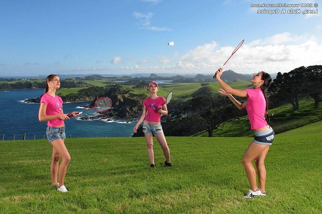 16P Playful badminton girls strip naked and play outdoors