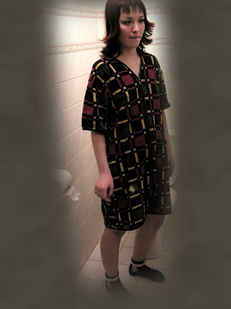16P Cute brunette caught peeing on toilet by voyeur hidden cam