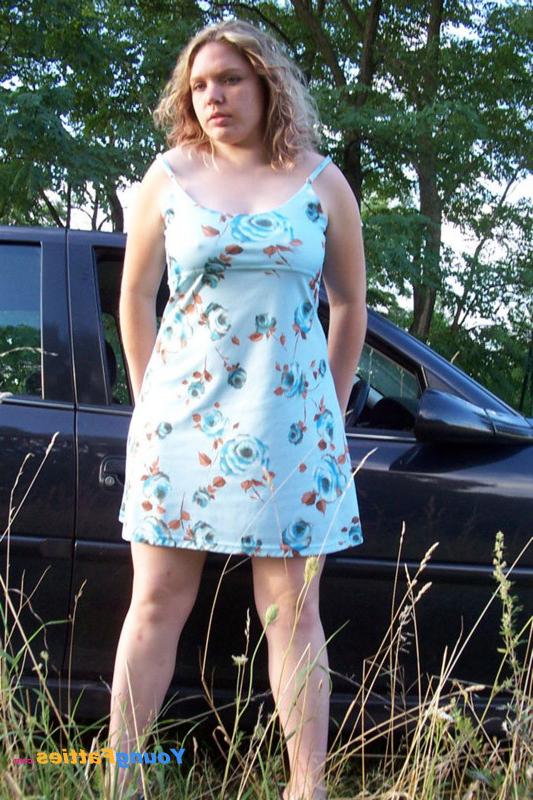 12P Cute fatty shows her carefully shaven twat hole alfresco