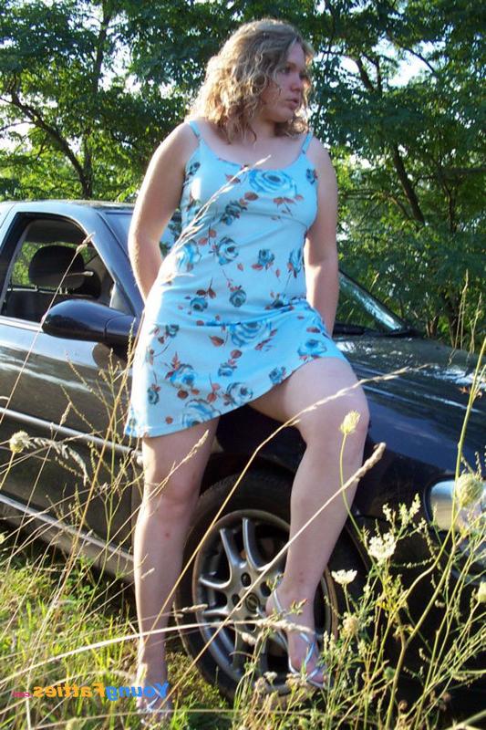 12P Cute fatty shows her carefully shaven twat hole alfresco