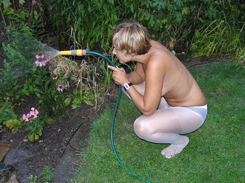 7P Topless in Pantyhose Watering the Garden