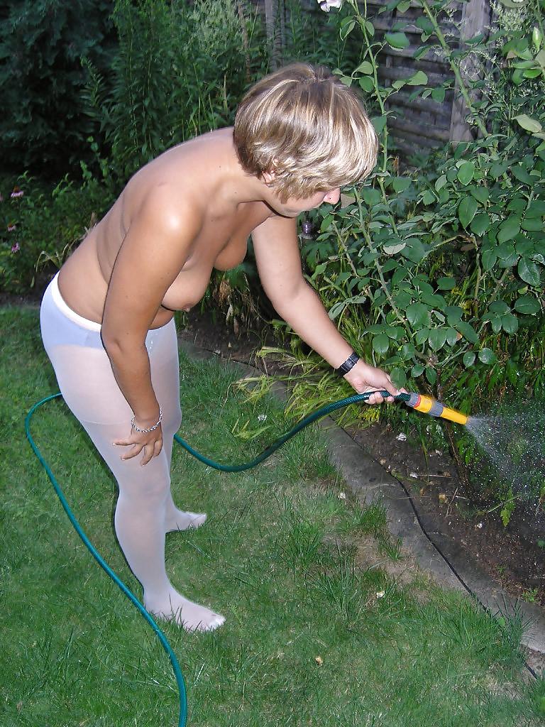 7P Topless in Pantyhose Watering the Garden