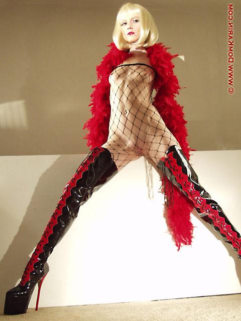 15P Blonde Karin Von Kroft in net pantyhose and tight black boots