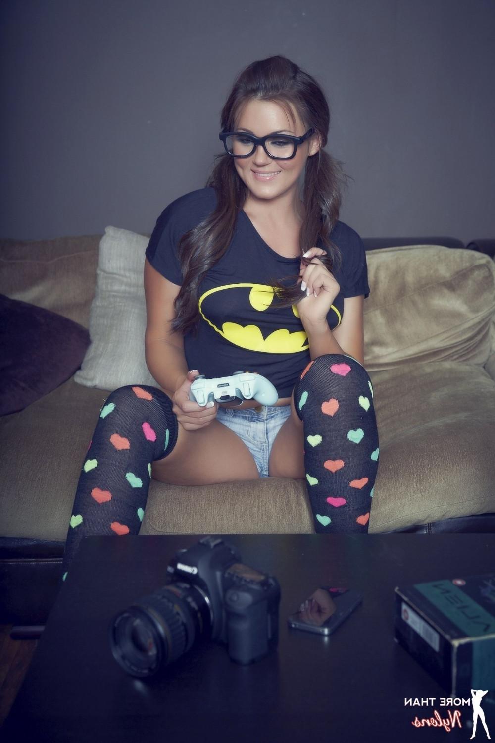 12P Busty brunette geek Kat in her sexy socks