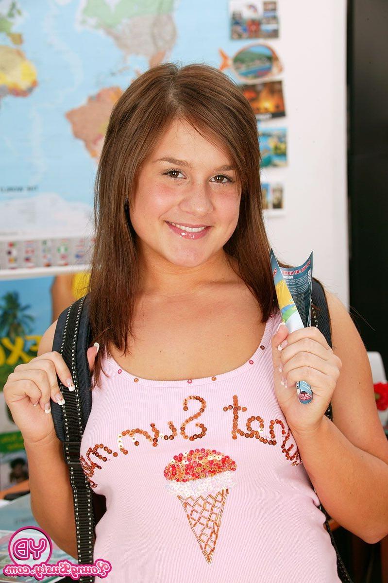 14P Petite brunette girl shwoing her boobies at the travel agency