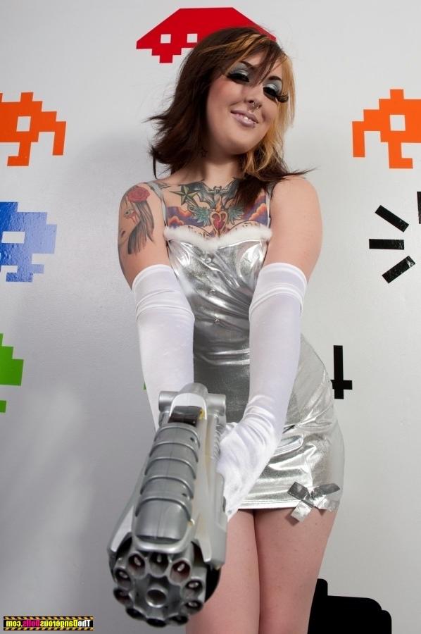 16P Tattood Emo teen in space suit showing off her tattood tits