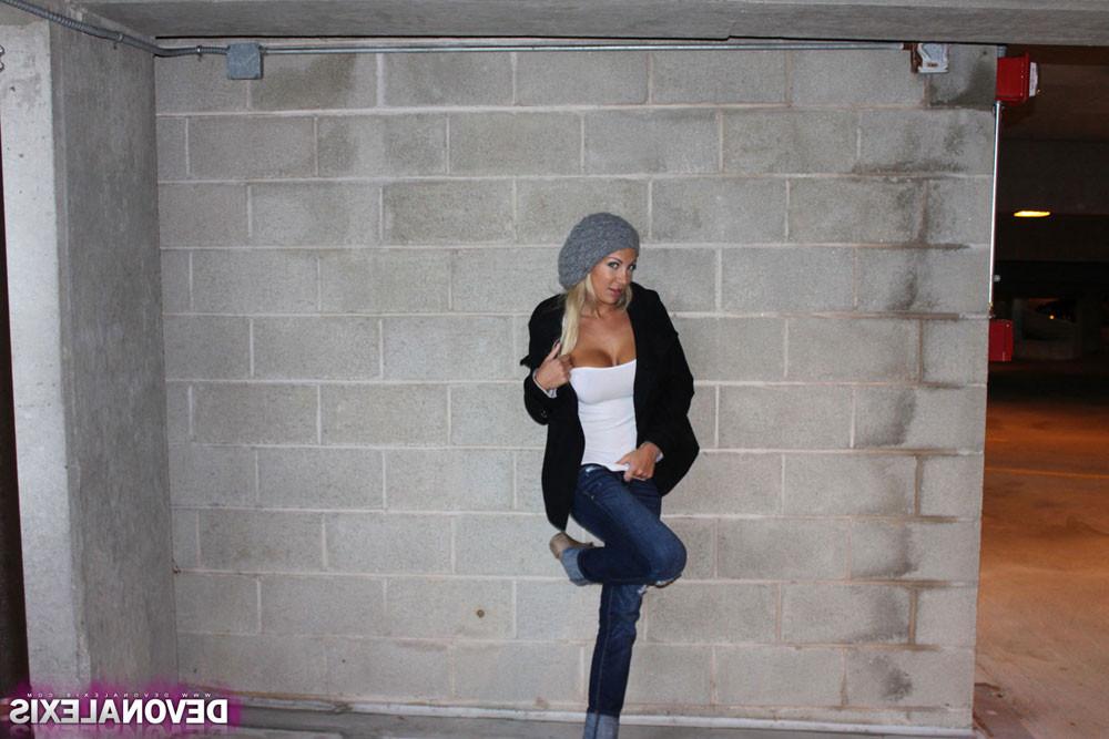 15P Devon Alexis shows her big boobs in a parking garage