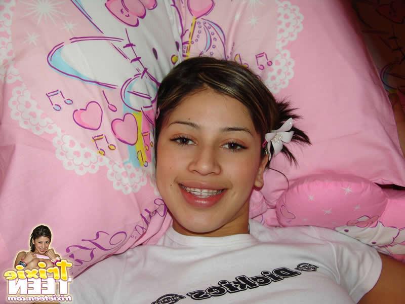 16P Brunette teen shows off her cute perky titties