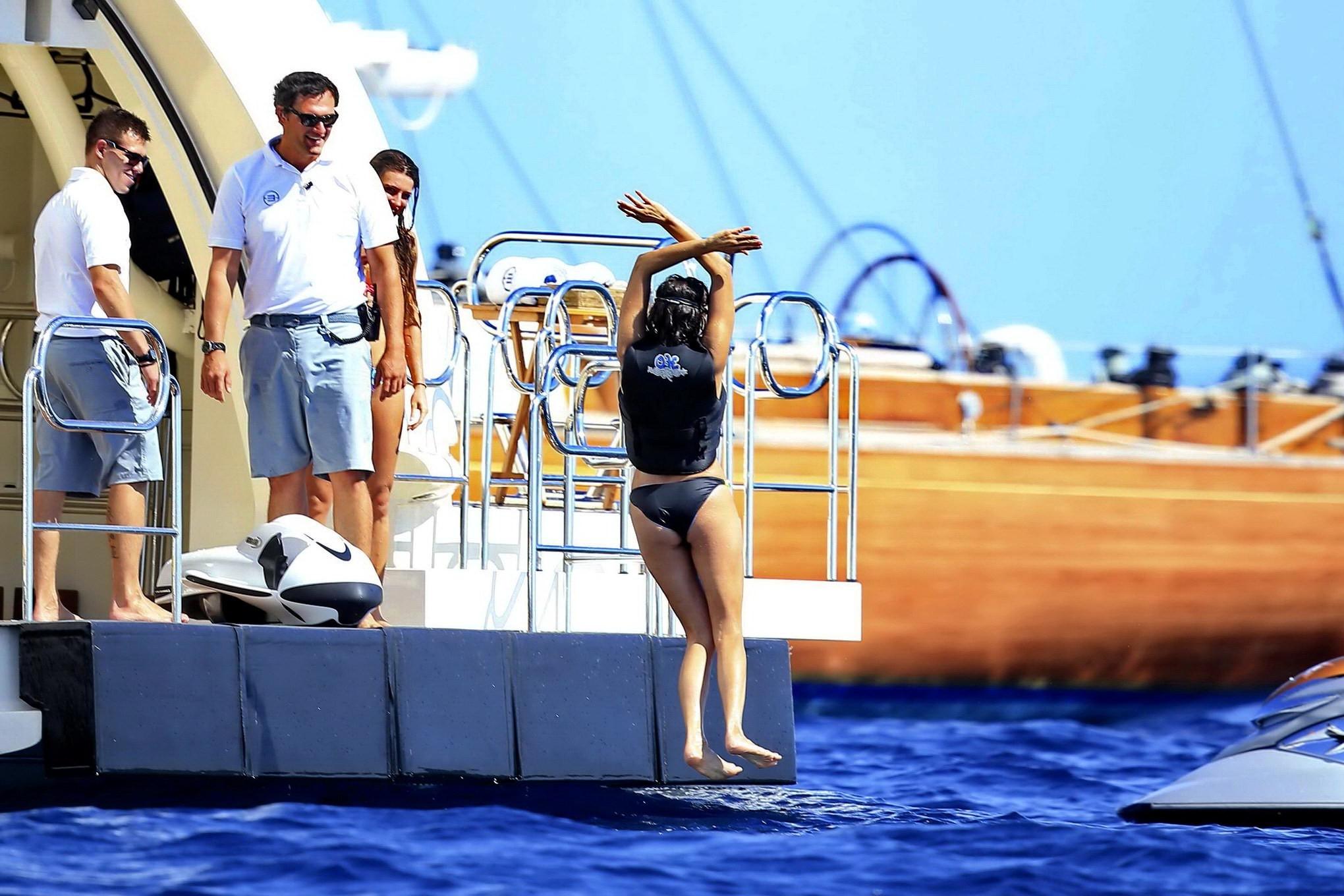 16P Nina Dobrev showing off her bikini body on a yacht in Ibiza