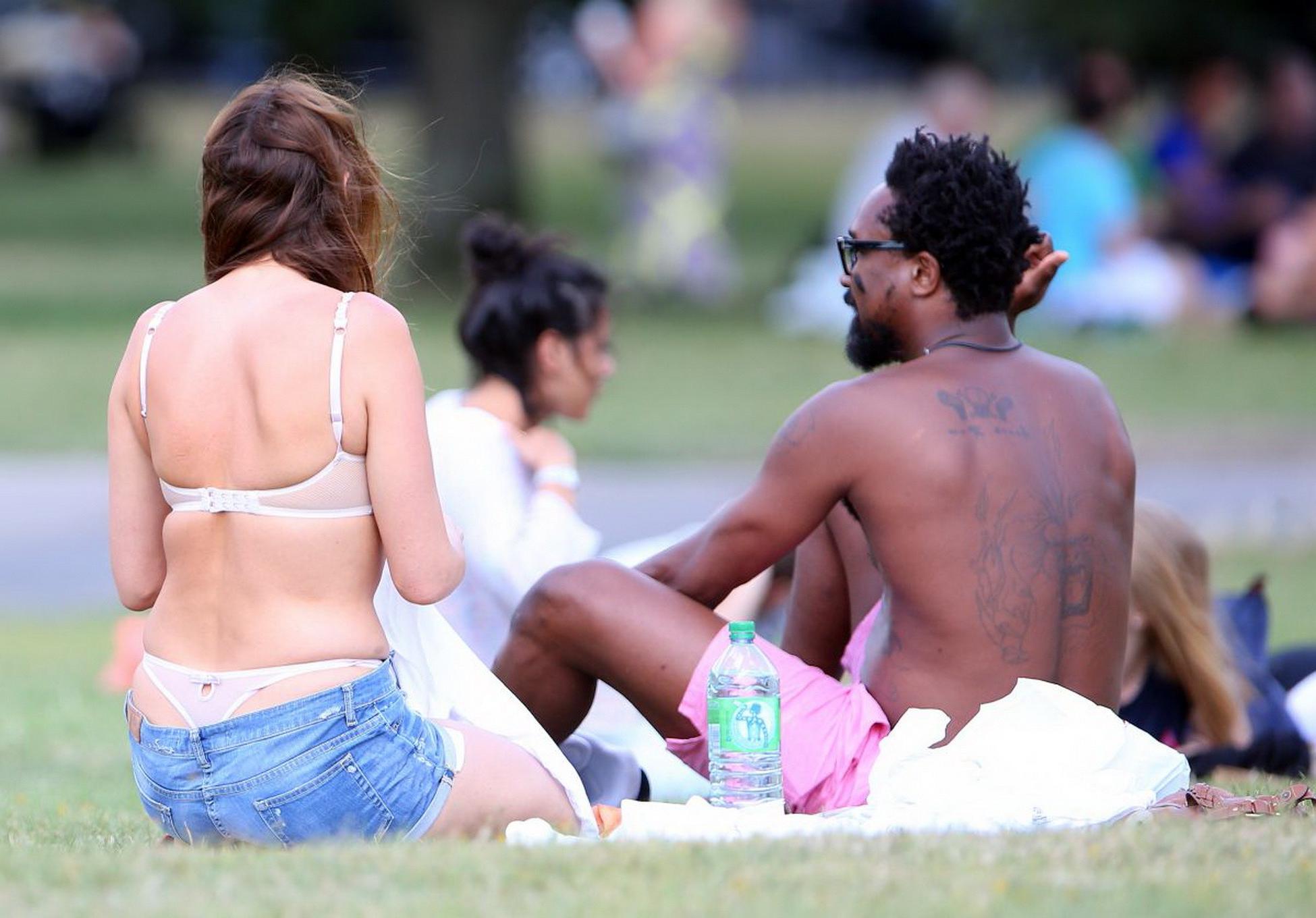 16P Lisa Snowdon caught while tanning in a thong lingerie at Finsbury Park in London