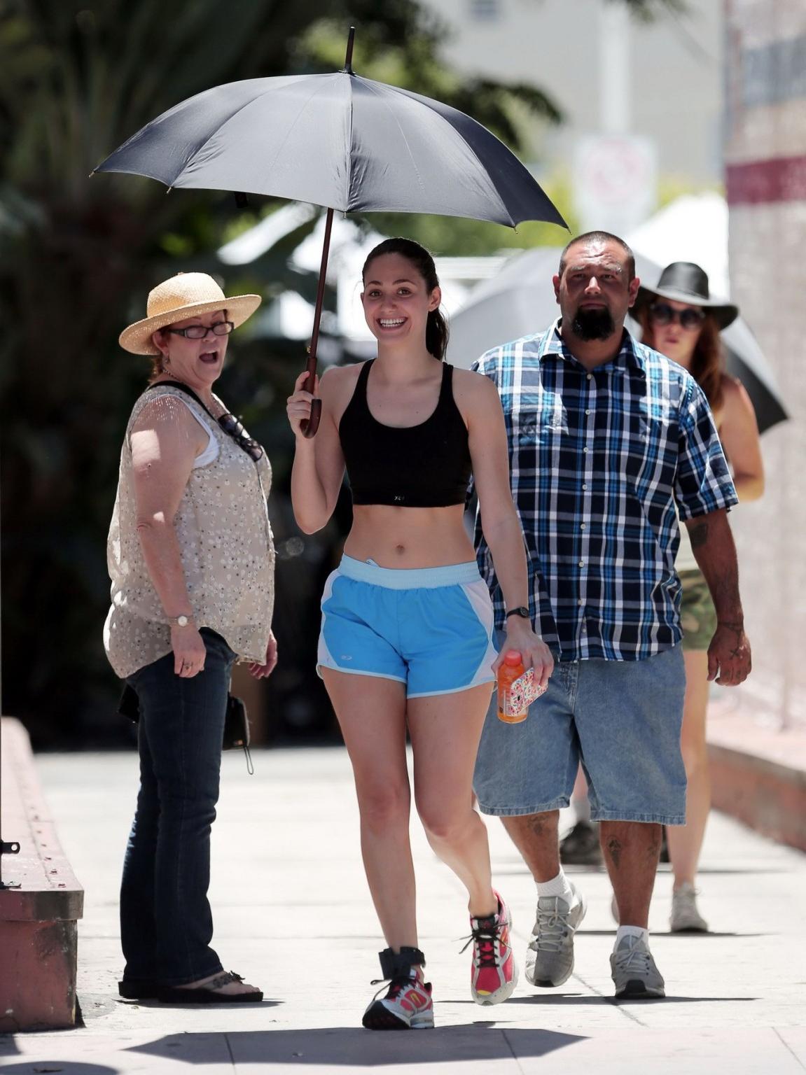 16P Emmy Rossum wearing black sport bra and shorts on the set of Shameless in Los An