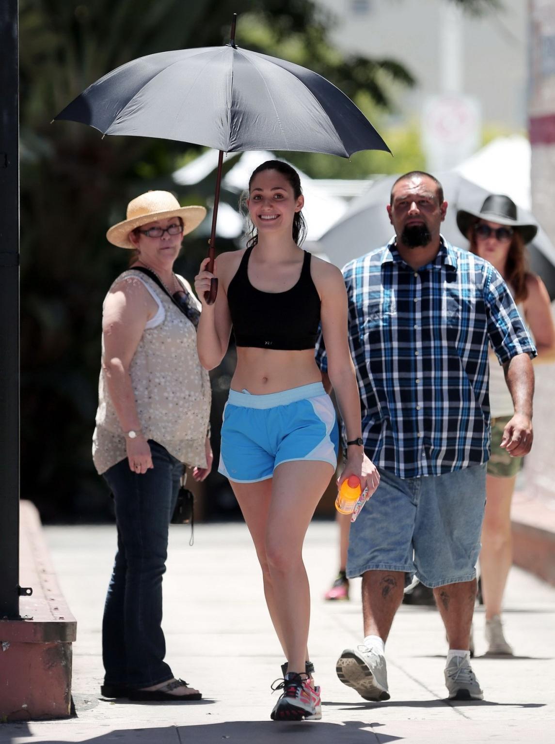 16P Emmy Rossum wearing black sport bra and shorts on the set of Shameless in Los An