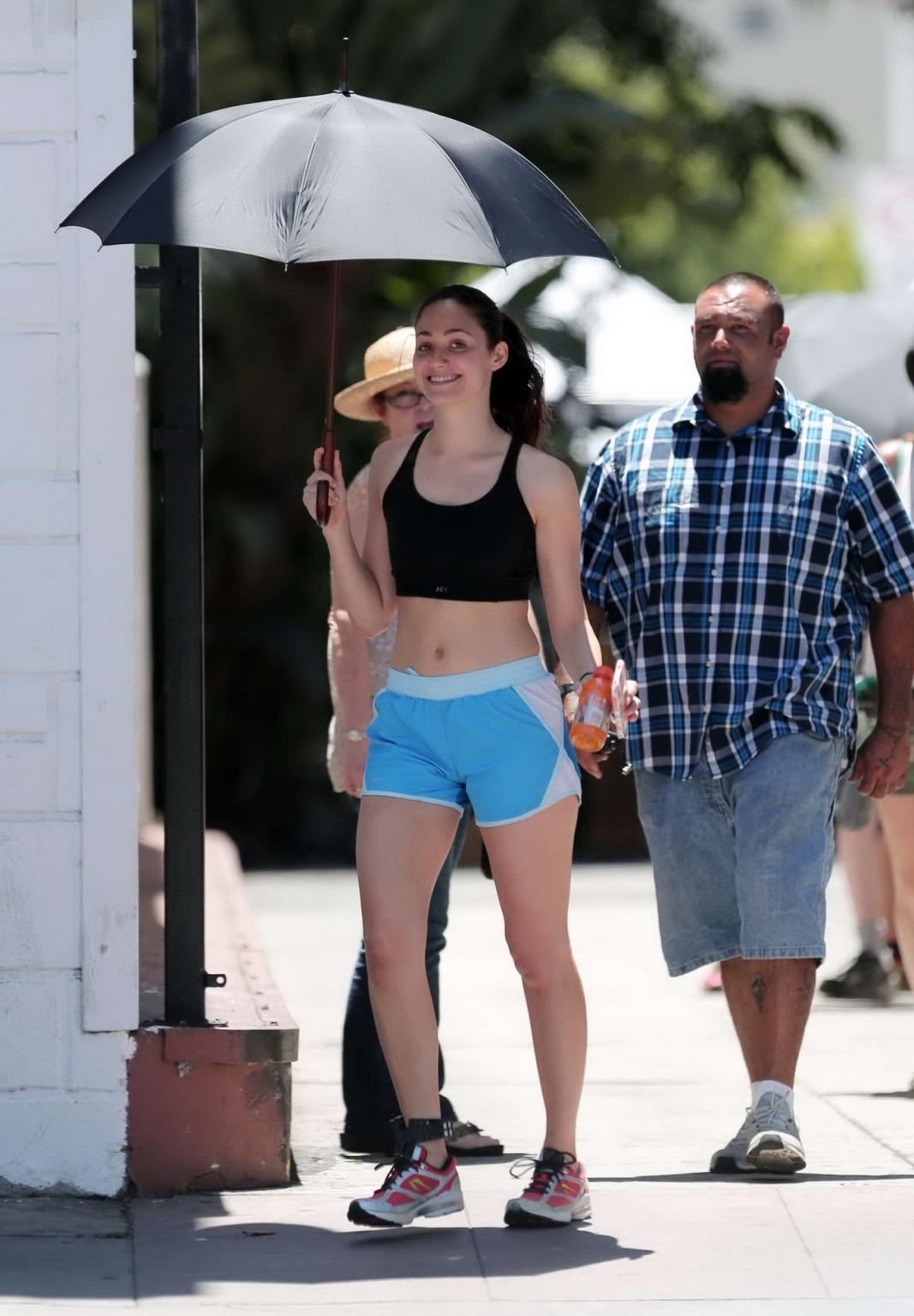 16P Emmy Rossum wearing black sport bra and shorts on the set of Shameless in Los An