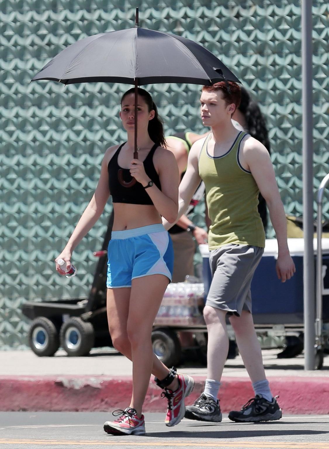 16P Emmy Rossum wearing black sport bra and shorts on the set of Shameless in Los An