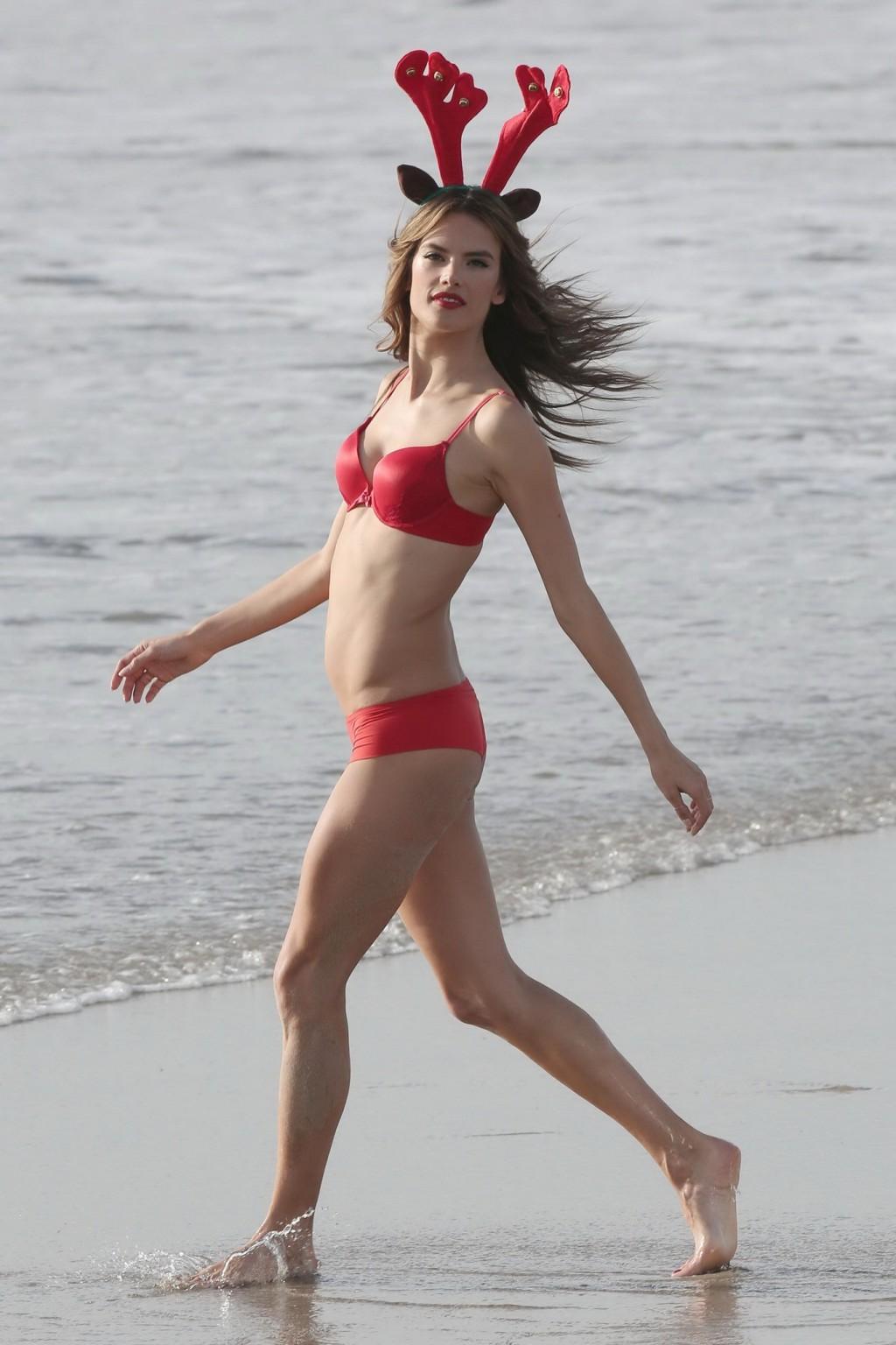 16P Alessandra Ambrosio wearing skimpy red two piece at Victoria's Secret photoshoot