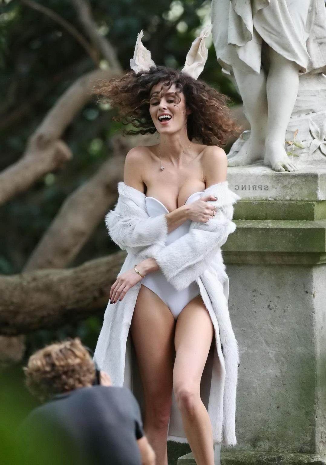 16P Nicole Trunfio slips out of her white tube bodysuit while shooting at the garden