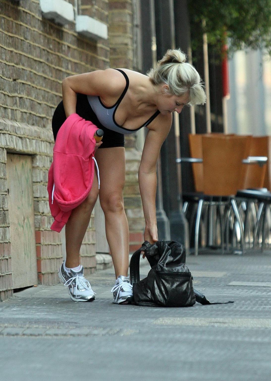16P Abi Titmuss all wet  sweaty in spandex after a pilates class in London