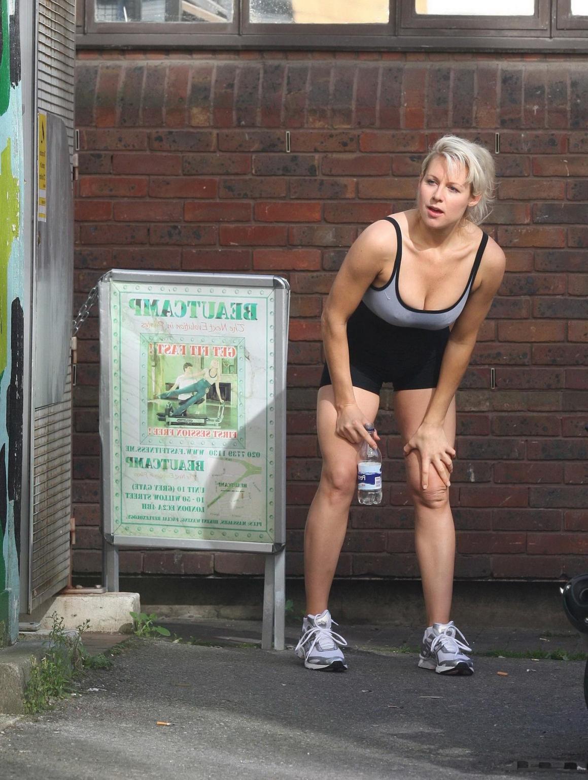 16P Abi Titmuss all wet  sweaty in spandex after a pilates class in London