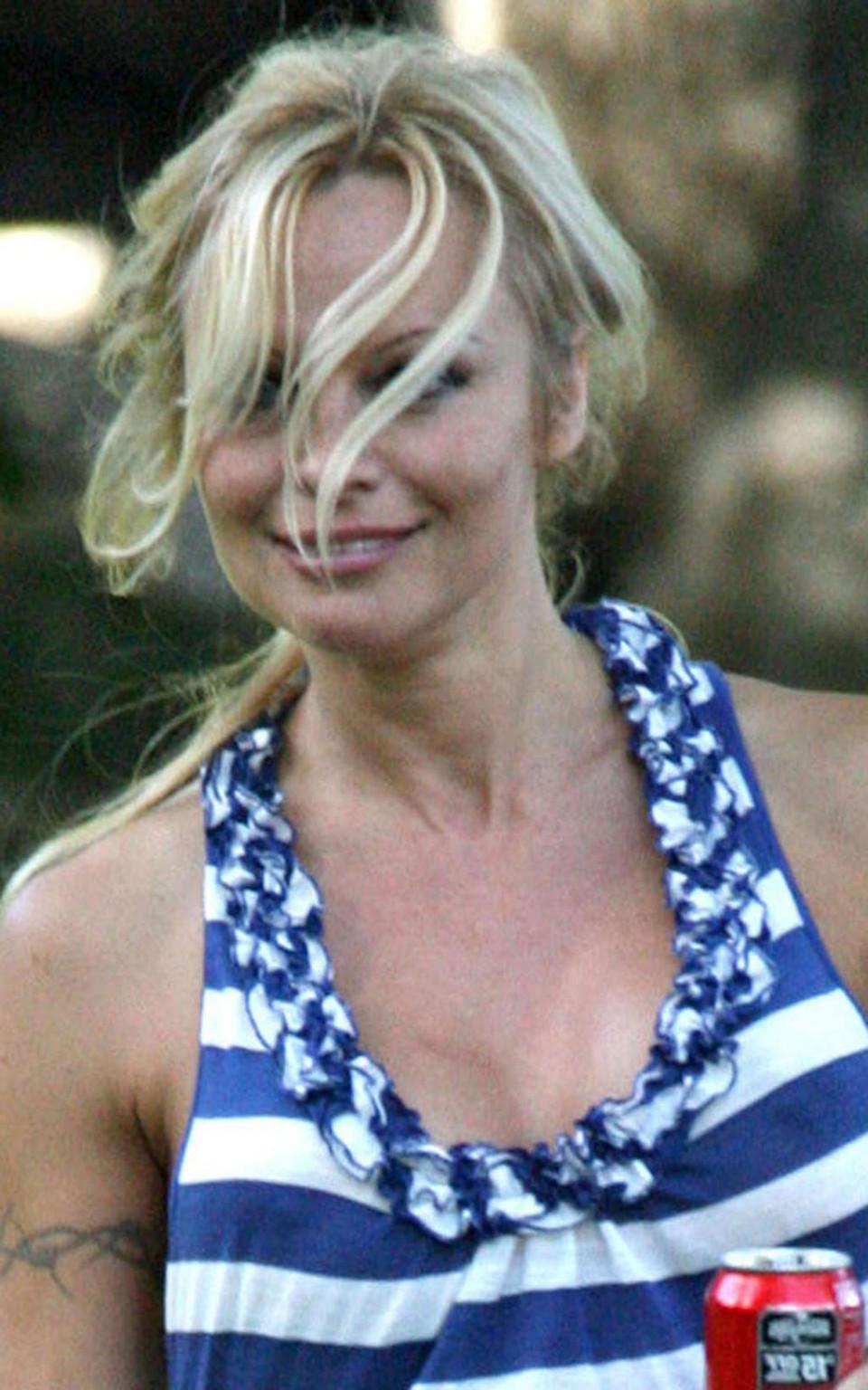 16P Pamela Anderson upskirt while snowbording on grass and squzzing boobs