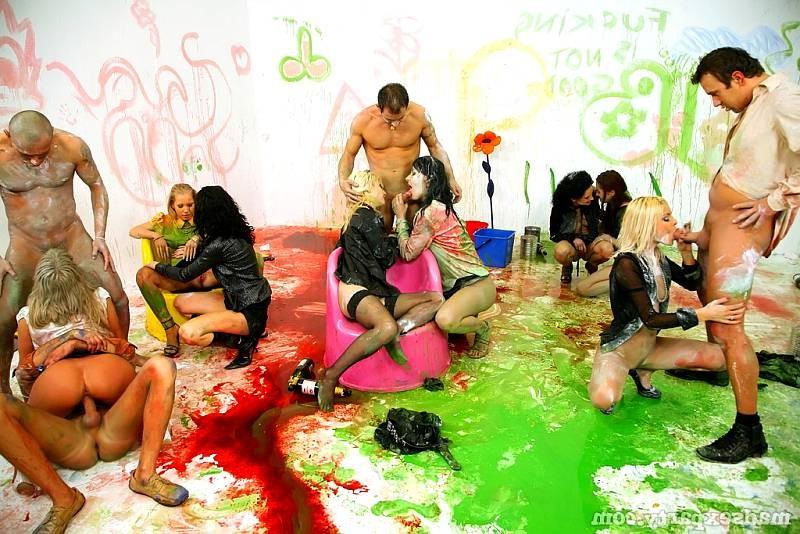 19P Girls sexy clothes get ruined by paint and sperm
