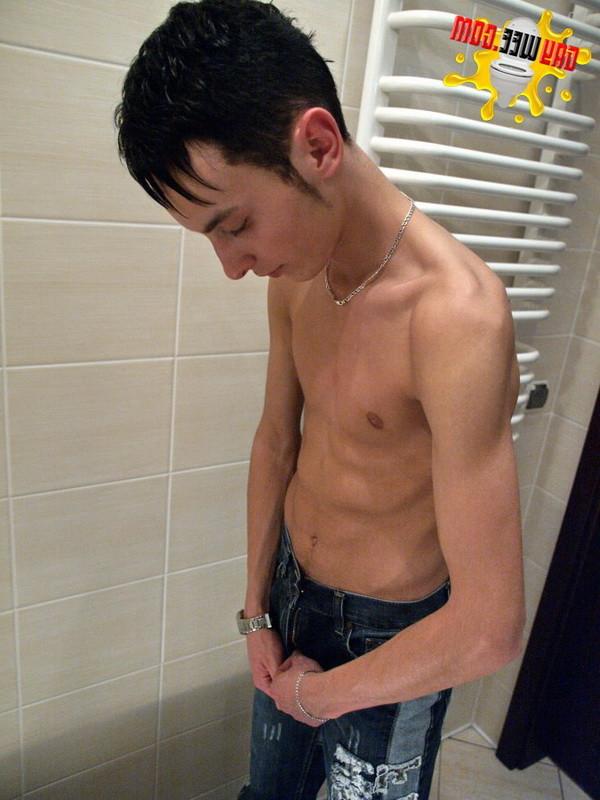 12P Skinny boy fills toilet with his hot piss
