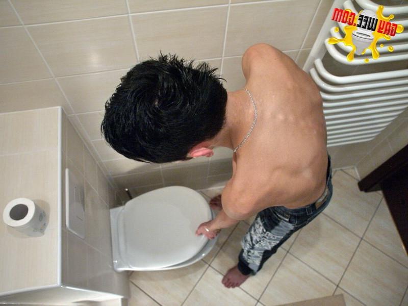 12P Skinny boy fills toilet with his hot piss