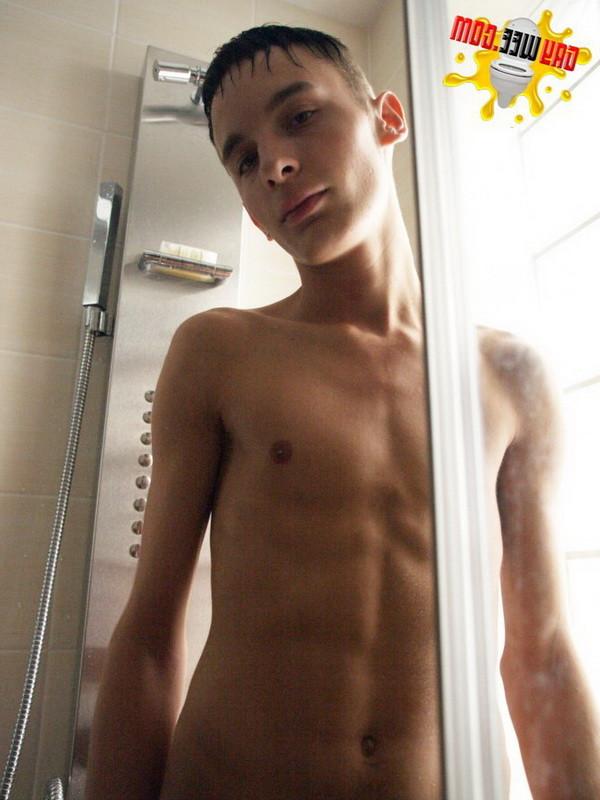 12P Cute gay boy taking a piss in the shower